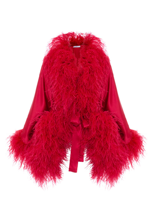 SHORT KAFTAN WITH NATURAL OSTRICH FEATHERS